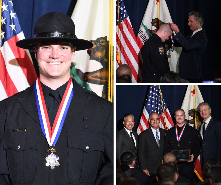 Caption:  California Governor Gavin Newsom awards Benjamin Sweet, lifeguard II (seasonal), the Public Safety Medal of Valor Award for his act of heroism at a ceremony in Sacramento. 